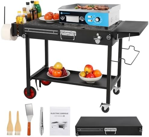 IRONWALLS Commercial Electric Countertop Griddle 22 Inch and Tabletop Griddle Stand, Folding Grill Cart on Wheels, Movable Food Prep Table for Patio, Camping by IRONWALLS
