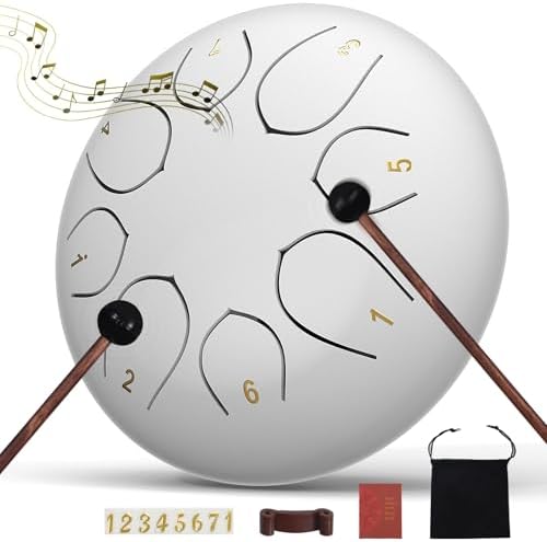 Rain Drum for Outside Garden, 6 Inches 8 Notes Steel Tongue Drums, Waterproof Meditation Echo Rain Chime, Musical Instruments for Adult Gift with Bag, Music Book, Mallets (White) by INNOWARMER