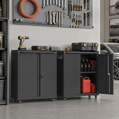 IRONFFICE Metal Storage Cabinet with Wheels,Lockable Steel Rolling Storage Cabinet with 2 Doors for Garage,Home Office,Assembly Required,Black - Image 2