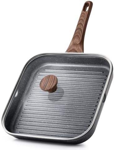 SENSARTE Nonstick Grill Pan with Lid, Grill Pan for Stove Tops, Versatile Griddle with Pour Spouts, Square Big Cooking Surface, Durable Skillet Indoor & Outdoor Grilling. PFOA Free, 9.5 Inch by SENSARTE