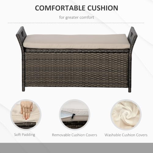 Outsunny 29 Gallon Patio Wicker Storage Bench Outdoor PE Rattan Cream White - Image 5