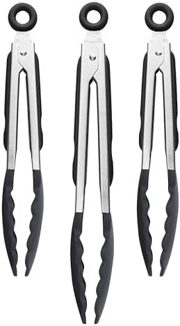 Tovolo Stainless Steel Tongs with Silicone Tips 9” 9” 12 Inch Black Heat Resistant Kitchen Tongs for Cooking Grilling Air Fryer, Stainless Steel Dishwasher Safe Metal Tongs BPA Free Set of 3 by Tovolo
