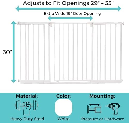 Toddleroo by North States - StepSafe Extra Wide Auto-Close Baby Gate: Pressure or Hardware Mount Metal Safety Gate with Swing Control - Adjustable 29-55 Inches Wide; 30 Inches Tall - White - Image 5
