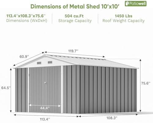 Patiowell 10x10 FT Metal Storage Shed, Grey - Image 5