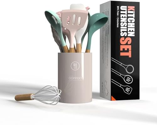 oannao Silicone Cooking Utensils Set - 446°F Heat Resistant Silicone Kitchen Utensils for Cooking,Kitchen Utensil Spatula Set w Wooden Handles, BPA FREE Gadgets for Non-Stick Cookware (Colorful) - Image 6