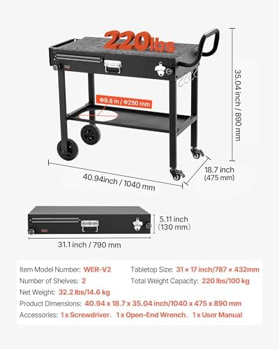 VEVOR Outdoor Grill Cart, 31.0 x 17.0 inch Tabletop Size Grilling Table, Foldable Outdoor Cooking Table with Tissue Holder, Wheels, Magnetic Tool Rack, BBQ Prep Tables for Picnic, Kitchen, Courtyard - Image 3