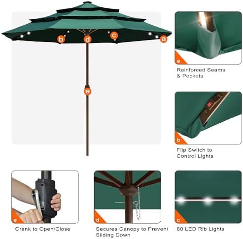 EliteShade USA 10-Year-Non-Fading 10ft 3-Tier Market Patio Umbrella, Commercial Table Umbrella with 80 Solar LED Lights, Crank Open, Windproof & UPF 50+ UV Protection for Garden, Deck, Pool, Backyard, No Tilt, Forest Green - Image 5