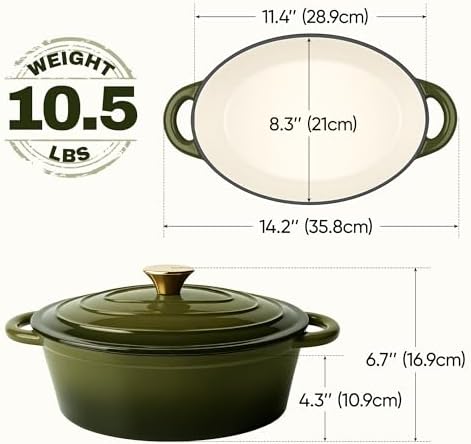 Oval Dutch Oven for Bread Baking, 4.5 Quart Non Stick Enameled Cast Iron Dutch Oven Pot with Lid, Oven Safe Oval Casserole with Lid up to 500°F for Baking, Braising, Stews, Roasting, Golden Green - Image 3