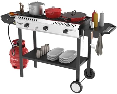 ROVSUN 3 Burner Propane Stove with Auto Ignition, 225,000 BTU Gas Stove with Side Shelves, Rolling Wheels & Regulator for Home Outdoor Backyard Camping Cooking Frying Brewing Canning by ROVSUN