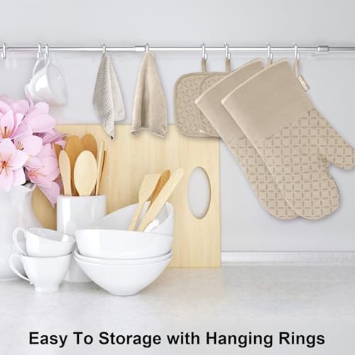 KEGOUU Oven Mitts and Pot Holders 6pcs Set, Kitchen Oven Glove High Heat Resistant 500 Degree Extra Long Oven Mitts and Potholder with Non-Slip Silicone Surface for Cooking (Almond) - Image 3