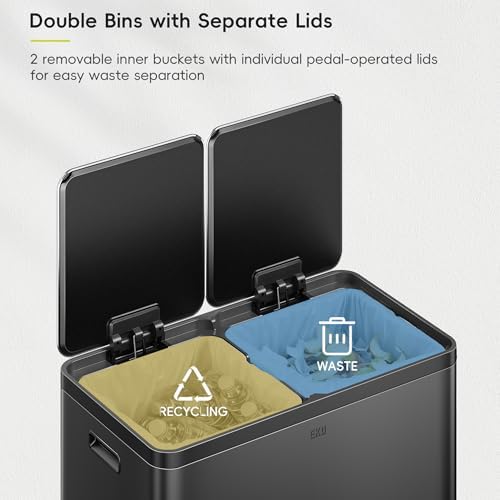 EKO EcoCasa Plus 2 x 10.6 Gal (2 x 40 L) Dual Trash Can for Kitchen, Large Stainless Steel Step-On Garbage Can, Trash and Recycle Bin Combo with Soft-Close Lids, Removable Buckets, Matte Black - Image 4