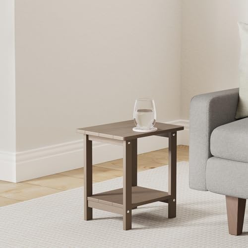 LUE BONA Outdoor Side Table, 2-Tier HDPS Small Patio Table, Dark Brown - Image 2