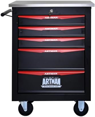 5-Drawer Heavy-Duty Rolling Steel Tool Cart with Handle&Wheels, Metal Storage Organizer Cabinet, Tool Chest for Efficient Tool Storage in Garage, Warehouse, Workshop, Repair Shop, Black&RED by Unknown