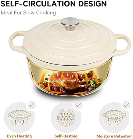 Miereirl 6 Quart Enameled Dutch Oven Pot with Lid, Cast Iron Dutch Oven with Dual Handles for Bread Baking, Cooking, Non-stick Enamel Coated Cookware (Beige) - Image 2