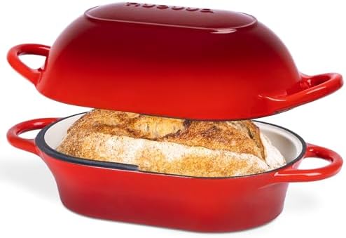 Dutch Oven For Sourdough Bread Baking – Enamelled Cast Iron Bread Loaf Pot – Oven Safe Non Stick Bread Pot – Rectangular, Red, 24cm x 16cm – by Nuovva by Nuovva