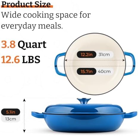 Parmedu Cast Iron Dutch Oven, 3.8 Quart, Blue, Shallow Braiser & Casserole - Image 2