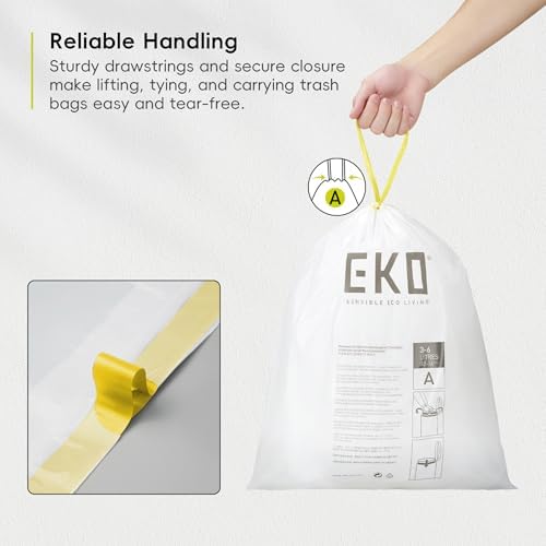 EKO 1.6 Gallon / 3-6 Liter, 80 Count Small Drawstring Trash Bags, Extra-Strong Unscented Garbage Bags, Easy-Dispense Roll for Kitchen & Household Use, Resists Tears, Leaks and Punctures, Code A, White - Image 4