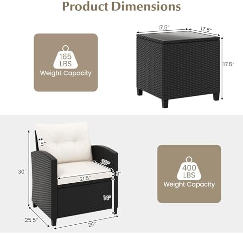 Tangkula 3 Piece Patio Furniture Set, Rattan Conversation Set w/Soft Seat & Back Cushions, Tempered Glass Topped Coffee Table, Cushioned Wicker Seating Set for Backyard, Porch, Poolside (Off White) - Image 5