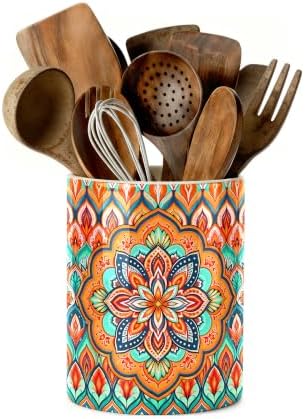 Orange Bohemian Kitchen Utensil Holder, Boho Style Ceramic Utensil Holder For Countertop Organizer, 6.3'' Winter Cooking Utensil Crocks Festivel Decor Utensil Storage Cup for Spatulas, Spoons - Image 2