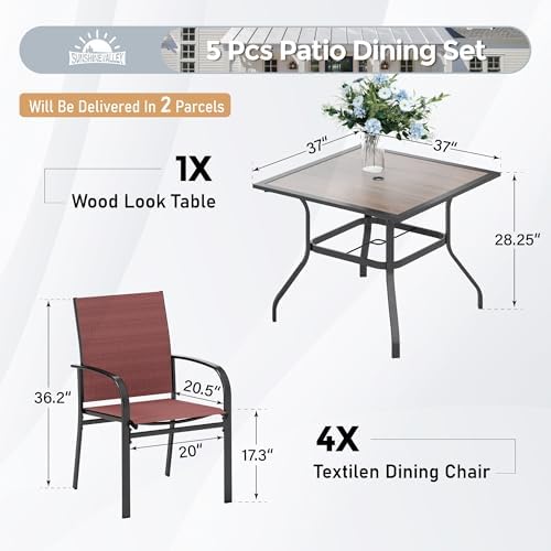 SUNSHINE VALLEY Patio Dining Set for 4, 37" Metal Table & Red Chairs - Image 3