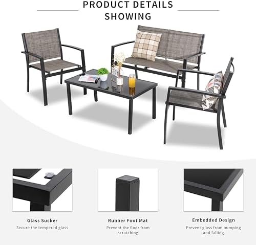 Shintenchi 4 Pieces Patio Furniture Set All Weather Textile Fabric Outdoor Conversation Set, with Glass Coffee Table, Loveseat, 2 Single Chairs for Home, Garden, Lawn, Porch（Light Brown） - Image 4