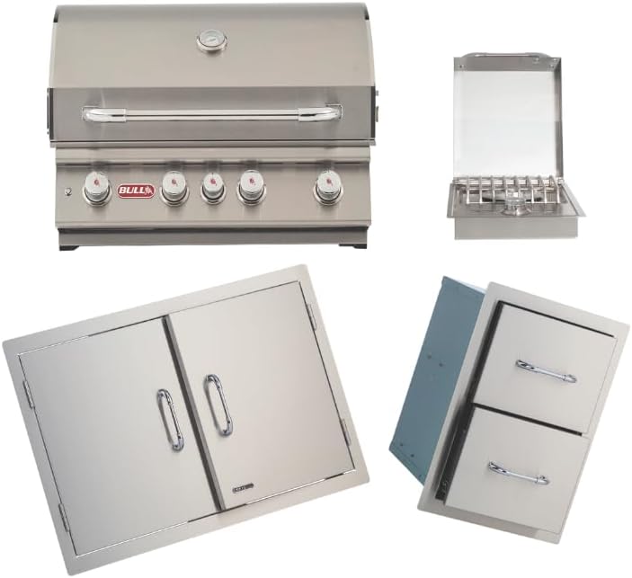Bull Outdoor Products Premium Outdoor Kitchen Bundle – Angus 75,000 BTU Built-In Grill Head, Double Drawer with Reveal, 38" Double Doors, Single Side Burner, 304 Stainless Steel – NG by Unknown