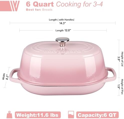VORRINGARD Enameled Cast Iron Dutch Oven Pot with Dome Lid, Oval Bread Oven for Homemade Sourdough Bread Baking, Oven Safe up to 500°F, 6 Quart, Pink - Image 2