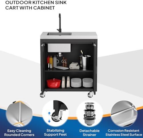 ROVSUN Stainless Steel Utility Sink with Cabinet & Wheels, Outdoor Heavy-Duty Freestanding Prep Grill Cart Sink for Backyard, Kitchen, Garage, Laundry, Garden Use 34.5" D x 19.6" W x 35.4" H - Image 7