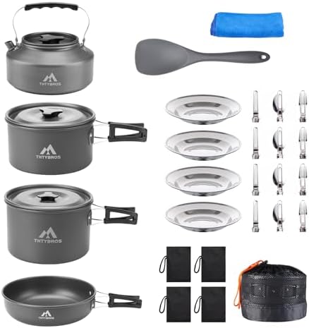 THTYBROS 27pcs Camping Cooking Set for 2-4 People, Portable Cookware Set with Kettle, Pots & Pans, Stainless Steel Utensils, Plates, Dishware for Backpacking, Picnic, Outdoor Adventures by THTYBROS