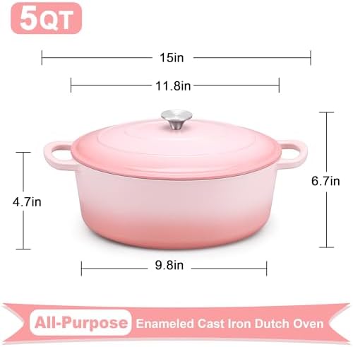 E-far 5QT Oval Dutch Oven Pot with Lid, Pink Enameled Cast Iron Dutch Oven - Image 2