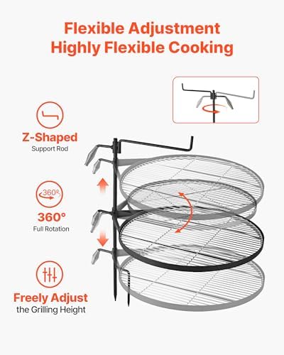 VEVOR Heavy Duty Swivel Campfire Grill, 24.4" Round Portable Camping Grill Grate, Sturdy Steel BBQ Mesh, 360° Height Adjustable Over Fire Pit with Support Rod, for Outdoor Open Flame Cooking, Black - Image 5