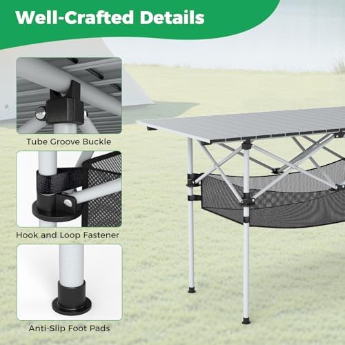 GIANTEX Folding Camping Table, Portable Picnic Table w/Aluminum Roll-up Tabletop & Mesh Basket, Outdoor Lightweight Table w/Carrying Bag for Backyard, Beach, Fishing, BBQ, Patio (47"x22"x27",Silver) - Image 7