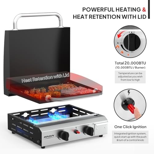 ROVSUN 2 Burner Portable Propane Griddle with Electronic Ignition, 20000 BTU Rolling Flat Top Gas Grill with Enameled Tray & Lid, Side Shelves & Regulator for Outdoor Cooking Camping BBQ Tailgating - Image 2
