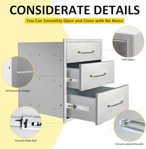 Outdoor Kitchen Drawers 18" W x 23" H x 21" D Flush Mount Triple BBQ Drawers with Chrome Handle Stainless Steel Drawer for Outdoor Kitchen Island, Patio Grill Station - Image 4