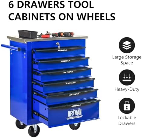6-Drawer Heavy-Duty Rolling Tool Chest with Wheels & Steel Roof, Lockable Tool Chest Storage Cabinet for Garage, Workshop, Warehouse, and Repair Shop - Image 6
