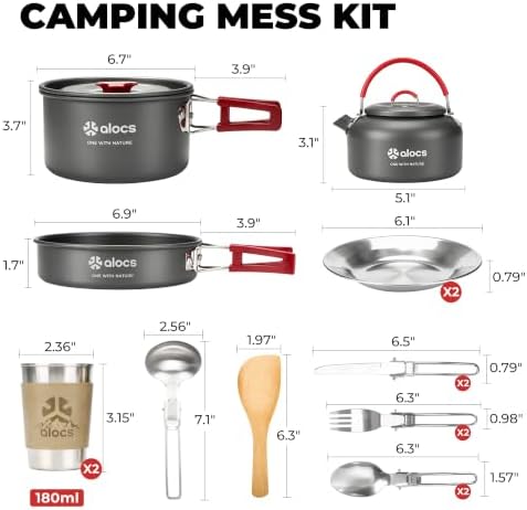 ALOCS 19pcs Camping Cookware Mess Kit, Pots and Pans Set with Kettle - Image 3