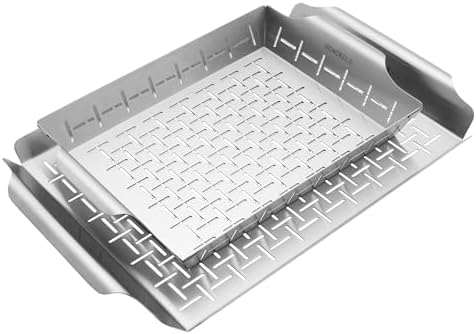 HENCKELS BBQ 2-pc Stainless Steel Grill Topper and Basket Set, Heavy-Duty Grilling Trays with Perforated Design, Easy-Grip Handles, Ideal for Vegetables, Seafood, and Small Foods by Unknown