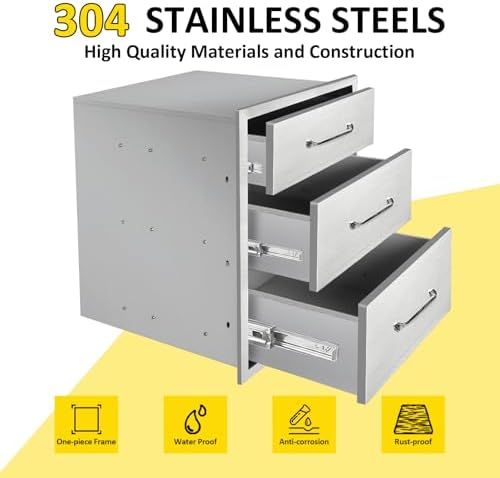 Outdoor Kitchen Drawers 18" W x 23" H x 21" D Flush Mount Triple BBQ Drawers with Chrome Handle Stainless Steel Drawer for Outdoor Kitchen Island, Patio Grill Station - Image 3