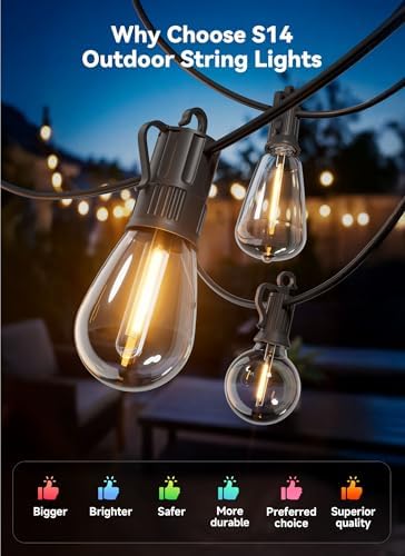 Minetom 164FT Outdoor String LED Patio Lights Waterproof,Shatterproof S14 Vintage Edison Bulbs,Commercial Grade Outside Hanging Lights Waterproof for Porch Deck Garden Backyard Balcony Cafe Bistro - Image 6