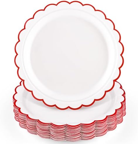 NatNarr 30 Pcs Red Paper Plates 9" Scalloped Red White Party Plates by NatNarr
