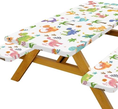 Funny Dinosaur Picnic Table Cover with Bench Covers and Bag, Camping Essentials, Animal Waterproof Windproof Fabric, Fitted Tablecloth Cover with Elastic Edge, for Indoor & Outdoor, 3 PCS, 30x96 Inch - Image 2