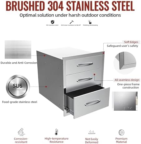 Outdoor Kitchen Drawers Stainless Steel, BBQ Drawer Inserts for Built-in Patio Grill Station, Triple Drawer, 14''W x 21''H x 23''D - Image 4