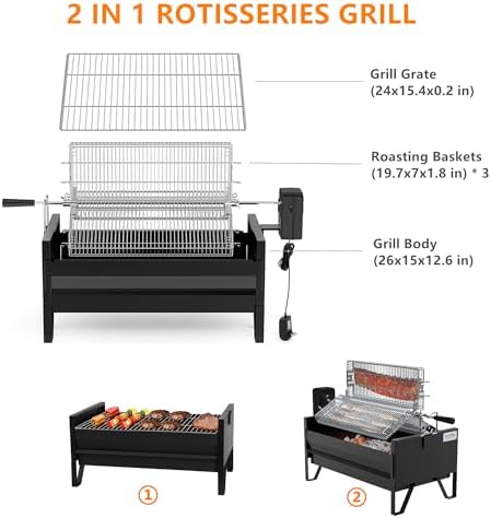 ONLYFIRE GRILLS 2-IN-1 Charcoal Grill with 3 Rotisserie Baskets & BBQ Grate - Image 2