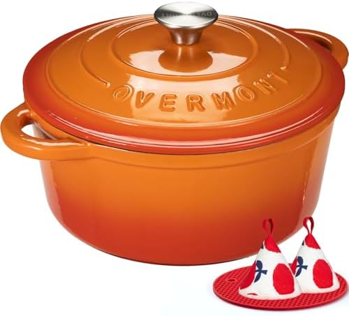 Overmont Enameled Cast Iron Dutch Oven - 7QT Pot with Lid Cookbook & Cotton Potholders - Heavy-Duty Cookware for Braising, Stews, Roasting, Sourdough Baking orange by Overmont