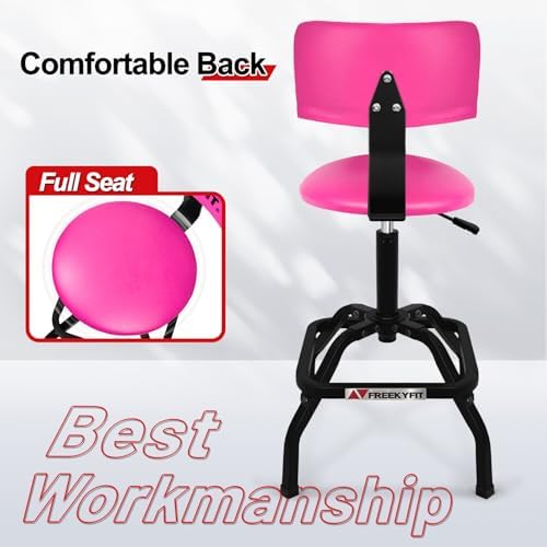 Shop Stool with Backrest, Mechanic Garage Stool for Workshop, Adjustable Shop Stools Chair, Padded Workbench Stools for Men Women, 300 LBS Capacity, 360° Swivel PVC Seat, Heavy Duty, Pink - Image 6