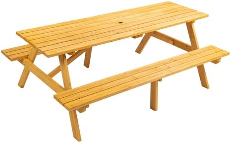 75'' Rectangular Outdoor Dining Table Wooden Patio Dining Table & 2 Built-in Bench for 8, 2" Umbrella Hole, Suitable for Backyard Garden Porch, Natural - Image 5