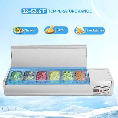 ROVSUN Refrigerated Condiment Prep Station, 59" Sandwich Prep Table ETL NSF, 34.2QT Salad Bar Prep Rail w/Auto Defrost, Temp Control, Stainless Steel Cover & 6 * 1/3 Pan for Restaurant Food Truck - Image 4