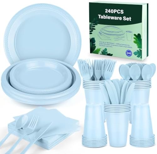 Kochorie 240 Pieces Light Blue Plastic Dinnerware Set Disposable Heavy Duty Plates Napkins Cups Silverware Dessert Dinner Plates for Birthday Wedding Baby Shower Party Supplies, Serves 30 Guests - Image 4