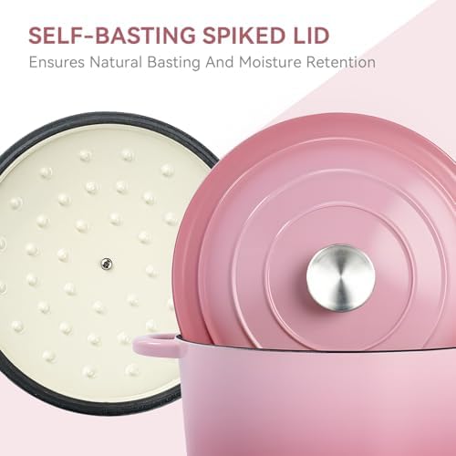Miereirl 6 Quart Enameled Dutch Oven Pot with Lid, Cast Iron Dutch Oven with Dual Handles for Bread Baking, Cooking, Non-stick Enamel Coated Cookware, Pink - Image 5