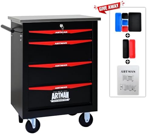 4-Drawer Heavy-Duty Rolling Steel Tool Cart with Handle&Wheels, Metal Storage Organizer Cabinet, Tool Chest for Efficient Tool Storage in Garage, Warehouse, Workshop, Repair Shop, Black&RED - Image 6